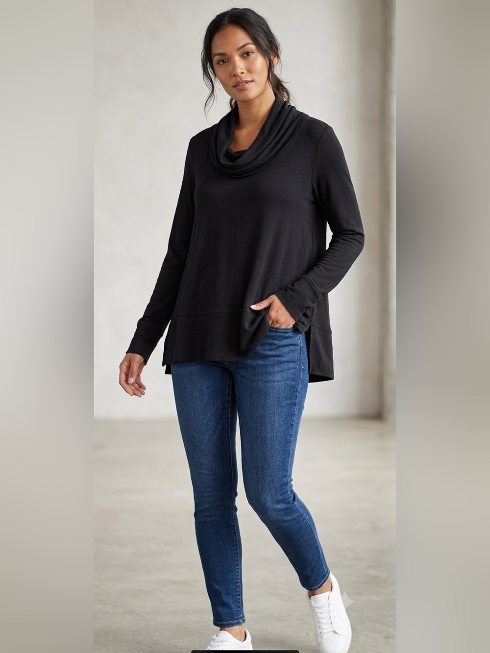 Green Tea Womens Black Cowl Neck Long Sleeve Top Size Large PW10159D286